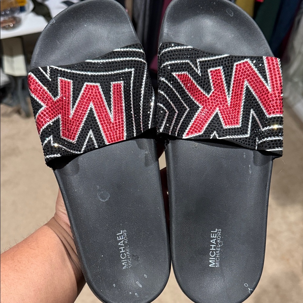 Michael Kors Black and Red Logo Slide Sandals